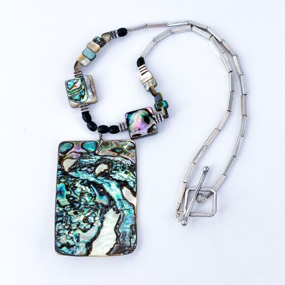 Vintage Sterling Silver 925 Abalone Ebony Pendant Necklace 16.5" - Picture 2 of 7